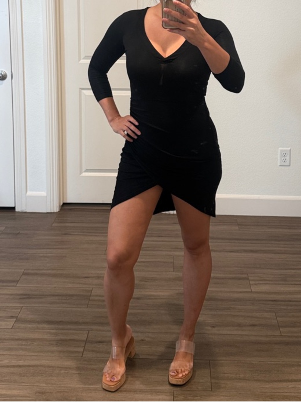 bebe Black V-Neck Mini Dress with Wrap Hem
